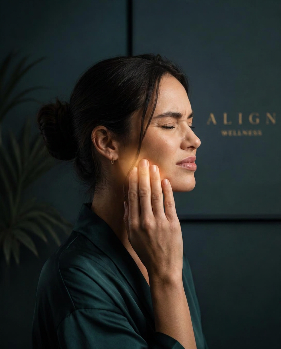 Before — patient holding her jaw in TMJ pain